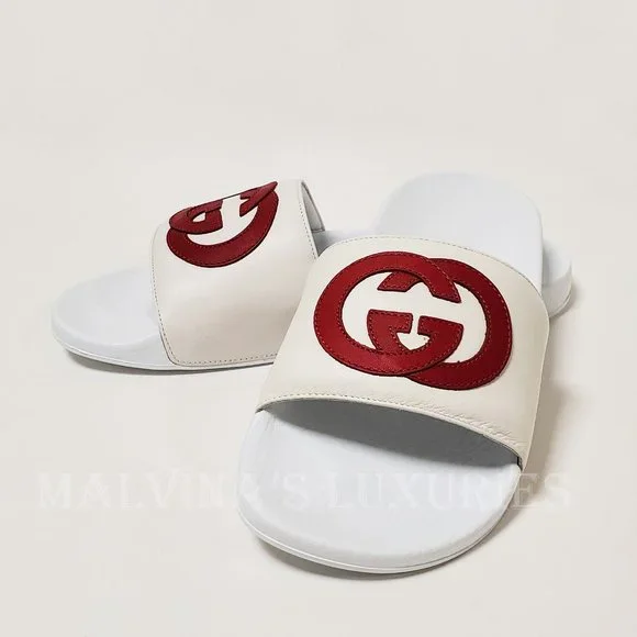 GUCCI SHOES WHITE LEATHER SLIDES INTERLOCKING G LOGO FLIP FLOPS sz IT 39 US 9